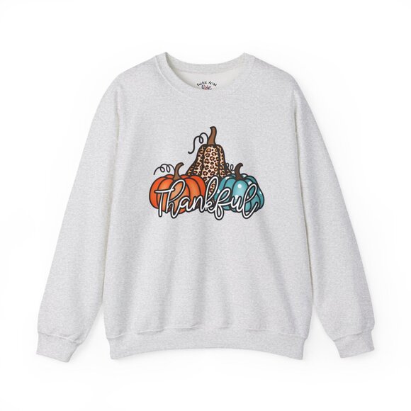 Cozy “Thankful” Fall Sweatshirt – Ash Grey Crewneck with Pumpkin & Leopard Print - Picture 1 of 2